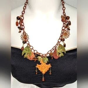 Textured And Painted Metal Bohemian Necklace Animal Theme Earth Tones Tribal
